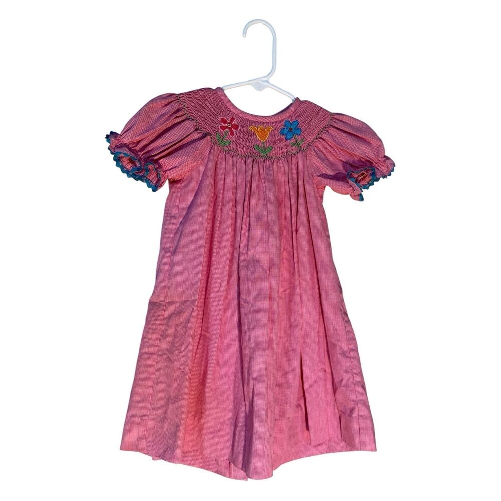 Castles & Crowns Smocked Bishop Dress Red Gingham Embroidered Flower 18 Months